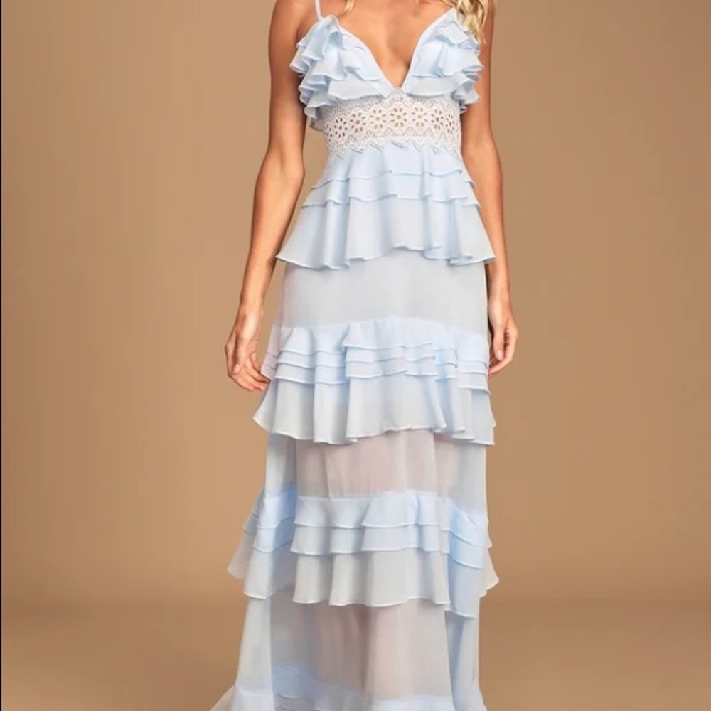 Lulus Frill of a Lifetime light blue tiered chiffon maxi dress